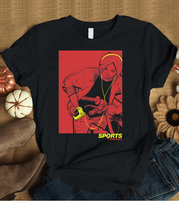 T-Shirt: Sports Paper Girls Graphic Yellow Earbuds T-Shirt Sports Paper Girls Graphic Yellow Earbuds T-Shirt