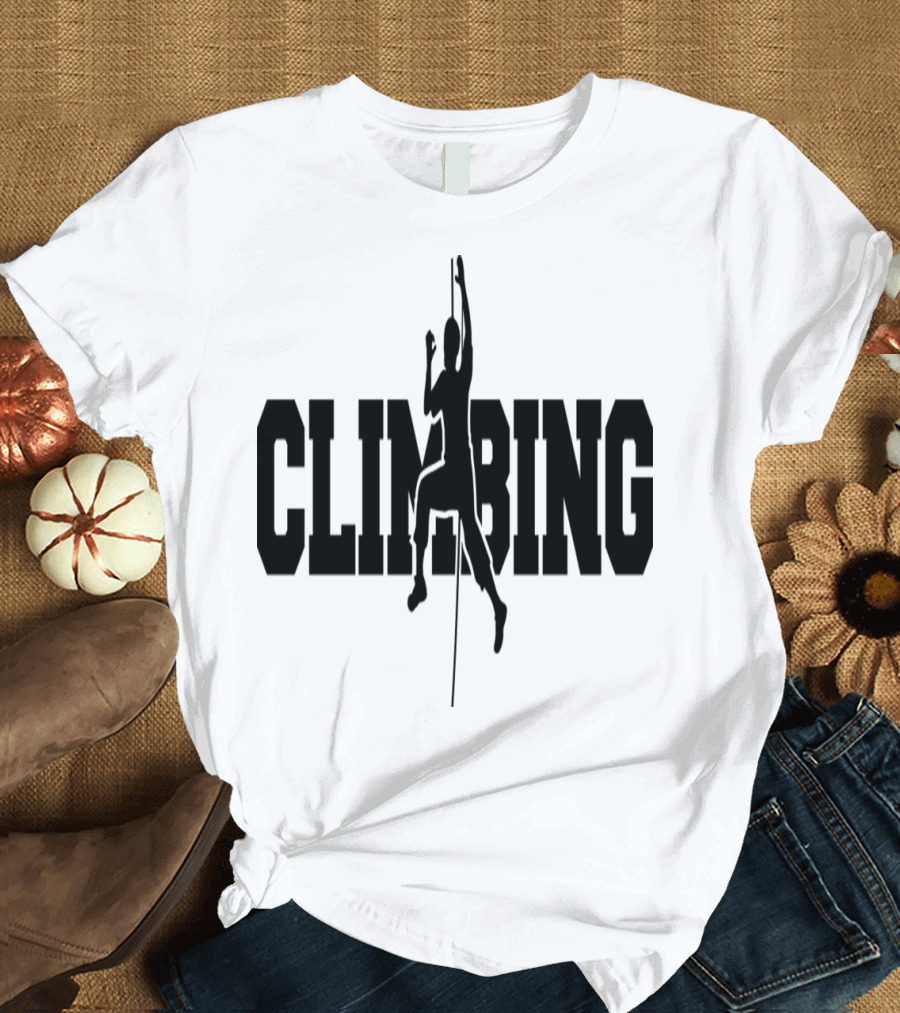 Climbing Mountaineer Silhouette Adventure Mountains Cling Text T-Shirt