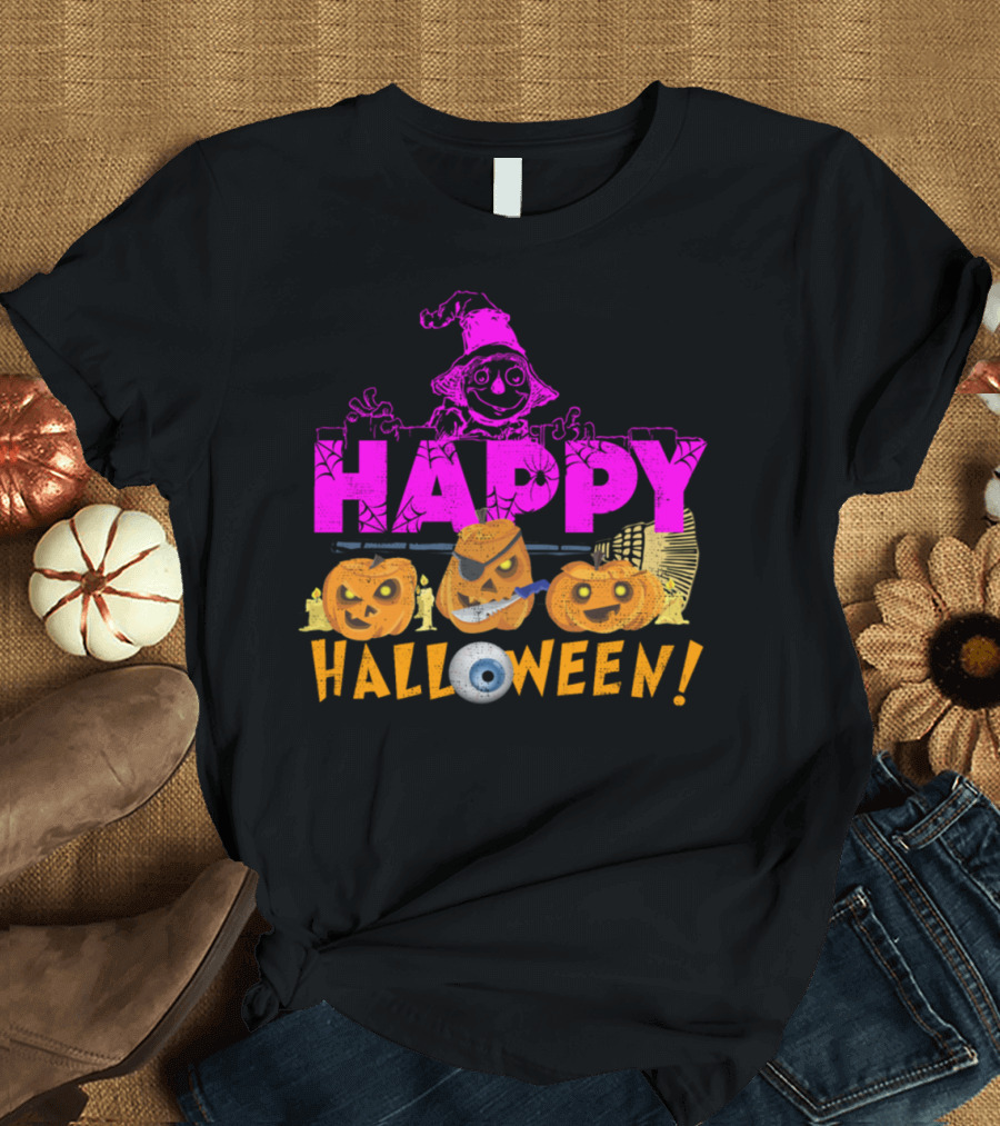Happy Halloween Purple Witch with Pumpkins Eyeball Spiderwebs and Broomstick T-Shirt