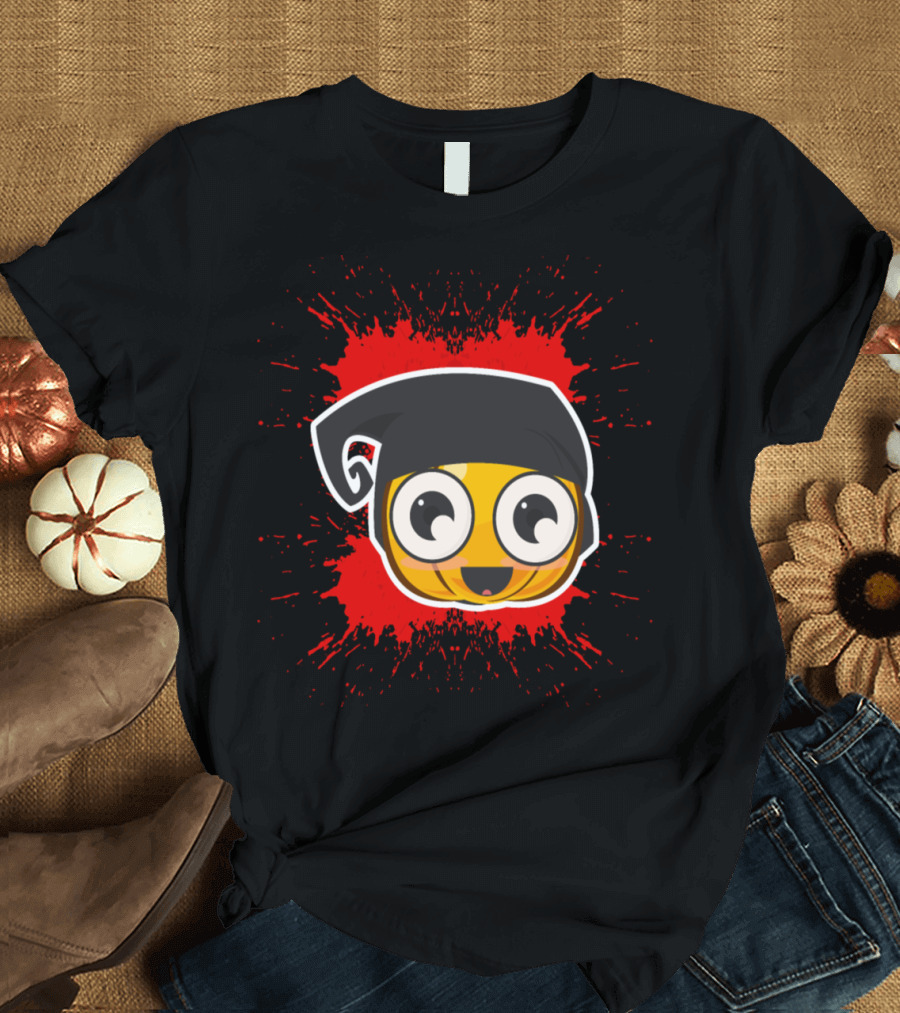 Pumpkin Halloween Trick or Treat Cute Cartoon Face with Black Hat and Red Splash Background T-Shirt