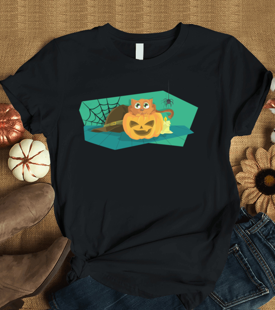 Halloween Pumpkin Cat with Spider and Web Elements T-Shirt