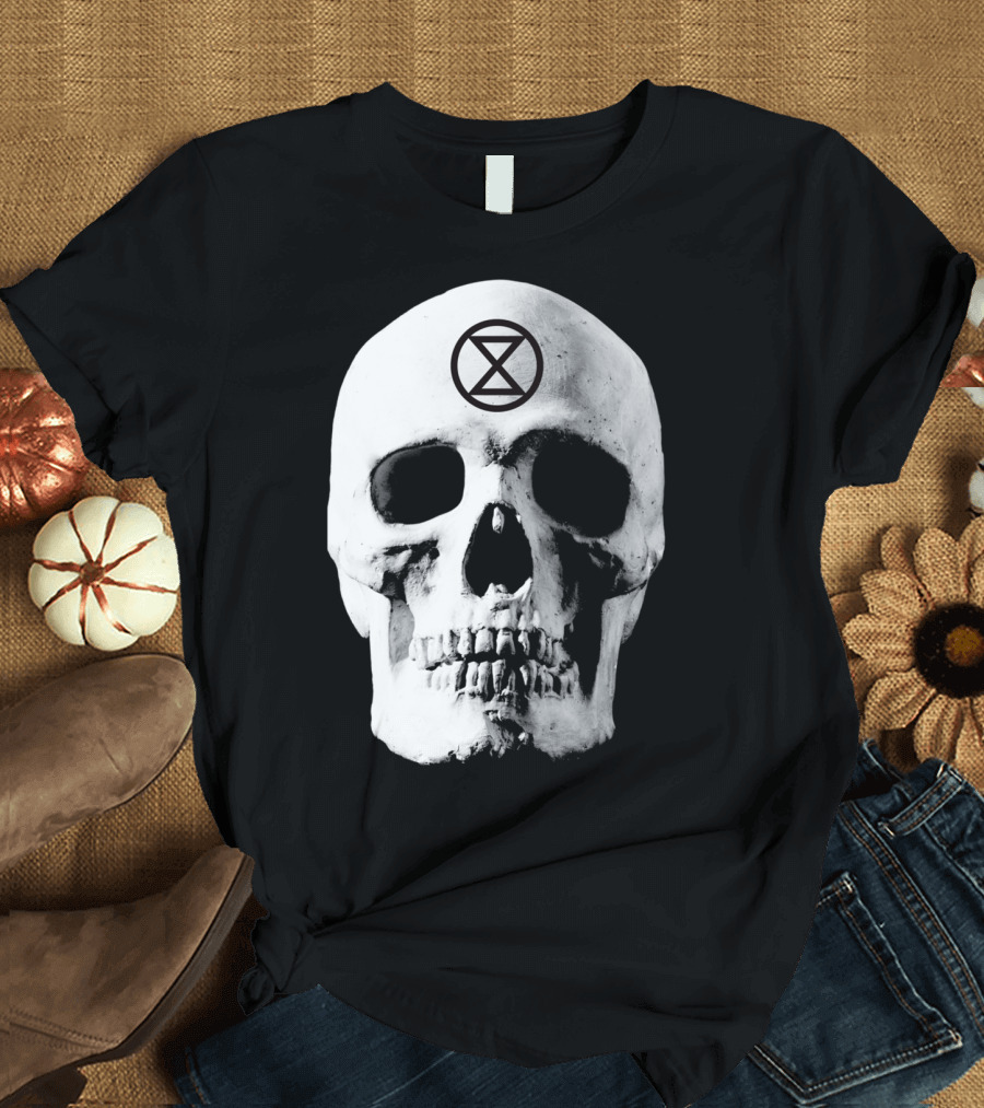 Extinction Rebellion Skull with Hourglass Symbol in Deadly Warning T-Shirt