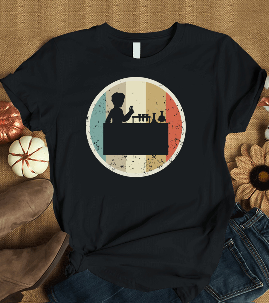 Silhouette of Laboratory Chemist Technician Science with Retro Stripes T-Shirt
