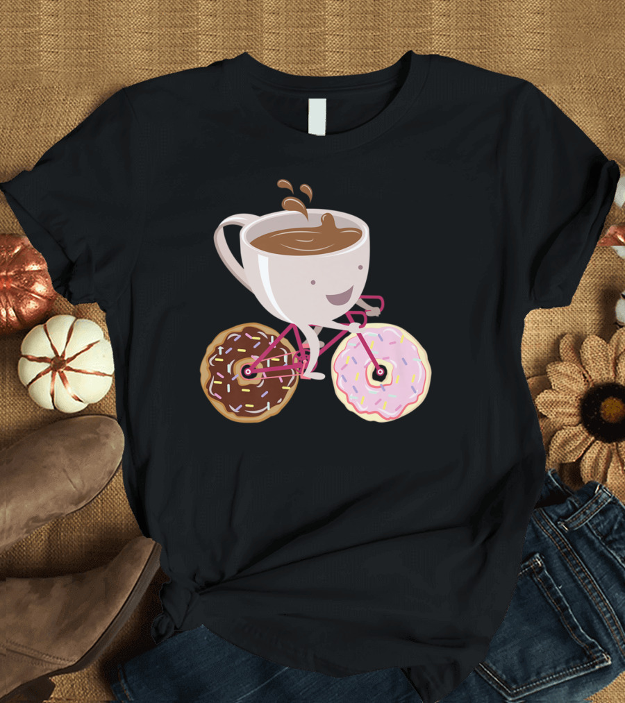 Coffee Cup Riding Bicycle with Donut Wheels Hand Drawn T-Shirt