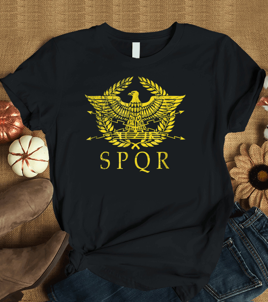 SPQR Distressed Ancient Rome Gold Eagle Laurel Emblem T-Shirt