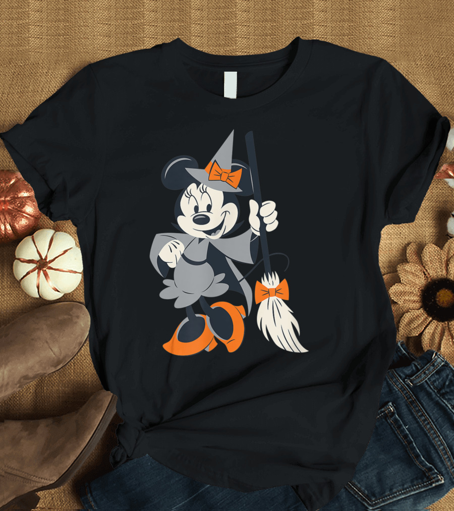 Disney Halloween Minnie Mouse Witch Costume Broomstick Orange Bows T-Shirt
