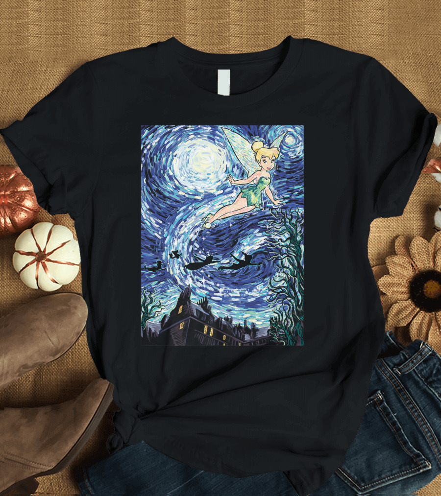 Disney Peter Pan Tinker Bell Starry Night Van Gogh Style Flight Scene T-Shirt