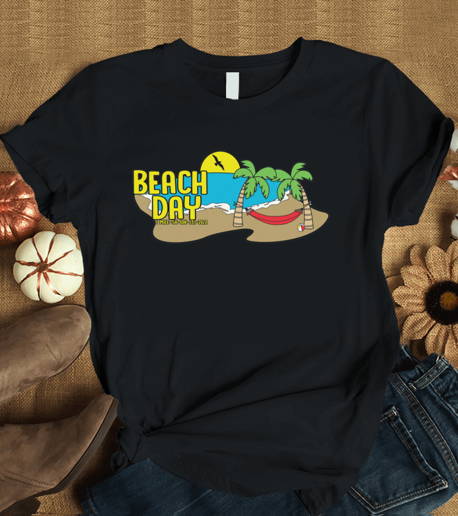 Beach Day 1 Mile 5K 10K 13.1 26.2 Island Scene Hammock Sun Palm Trees T-Shirt