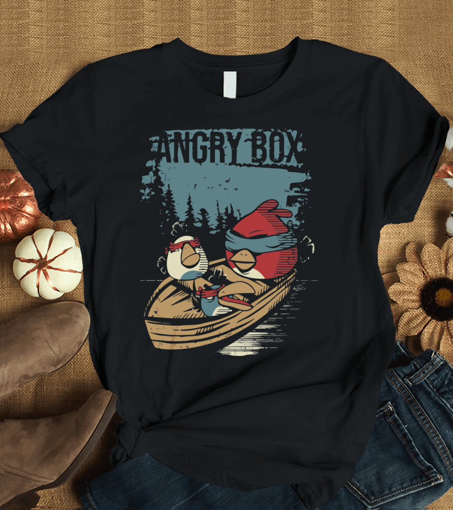 Bird Characters Wearing Blindfolds in Boat with Angry Box Text T-Shirt