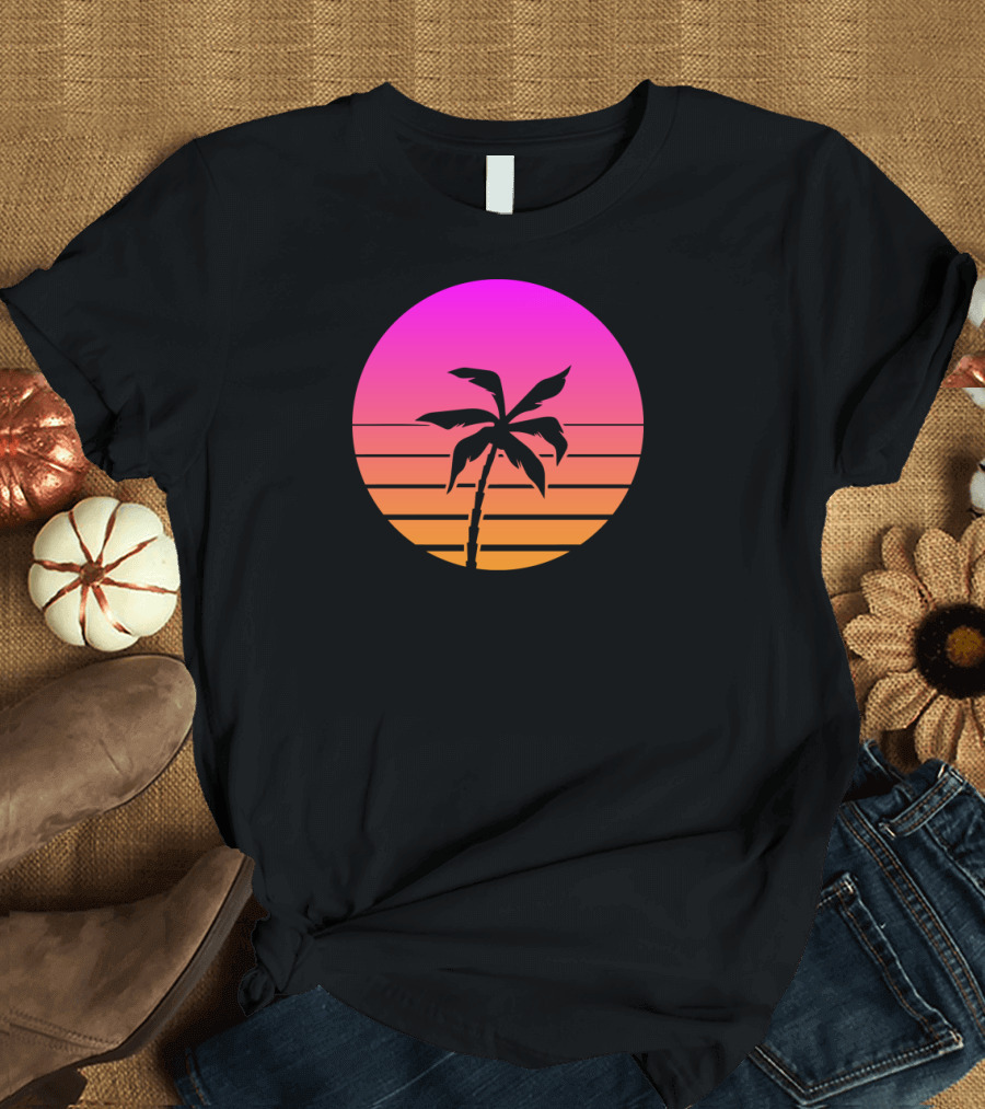 Neon Summers Palm Tree Sunset with Gradient Circle T-Shirt