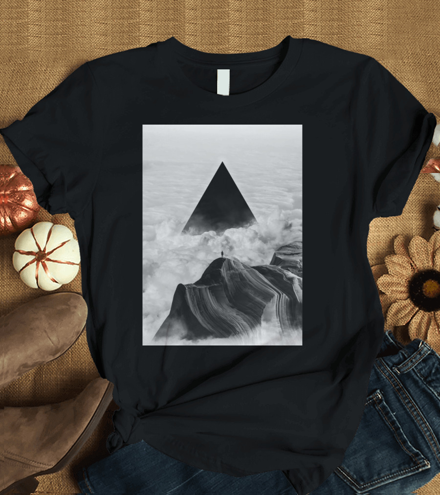 Solitary Figure on Mountain with Black Triangle Amidst Clouds - We Never Had It Anyway T-Shirt