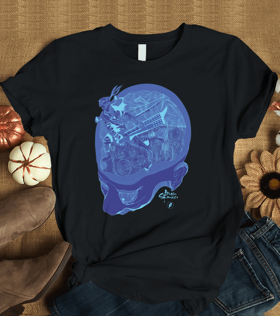 Brain Spanker Futuristic Guitarist Inside Blue Skull Brainwaves T-Shirt