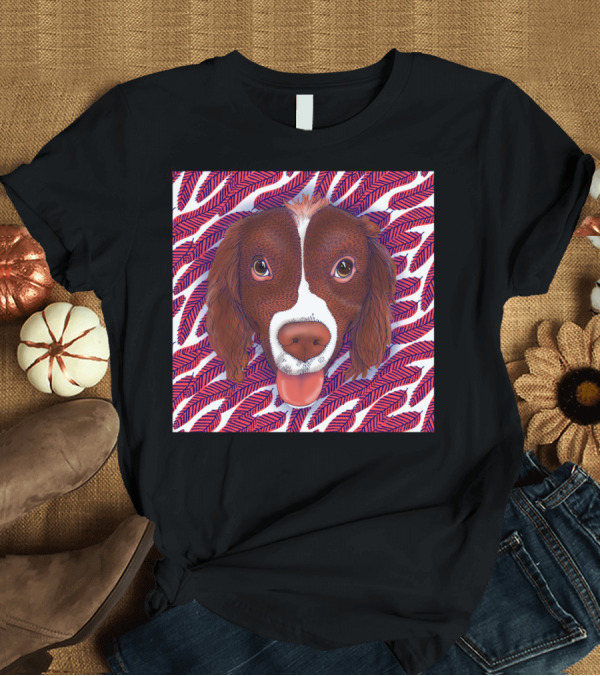 T-Shirt: Happy Spaniel Dog with Lush Red Leaf T-Shirt Happy Spaniel Dog with Lush Red Leaf T-Shirt