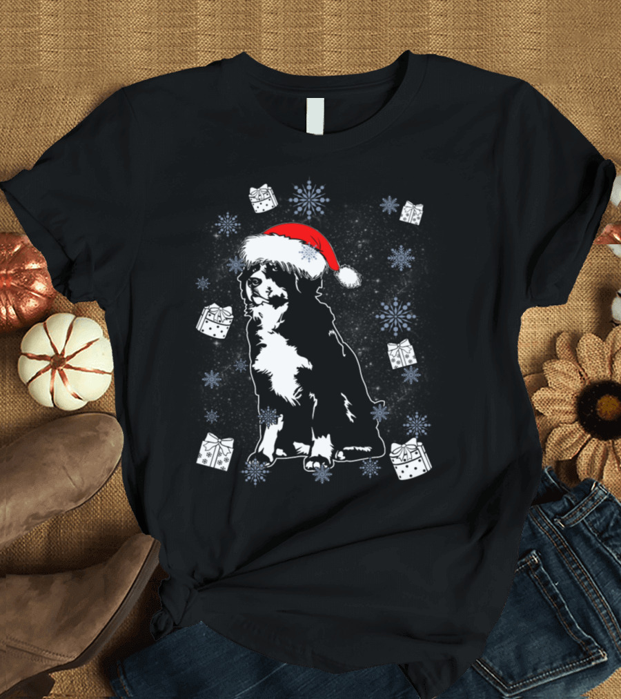 Bernese Mountain Dog Santa Christmas Snowflakes and Gift Boxes T-Shirt