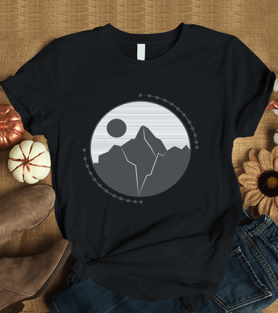 Gray Mountain Circle with Sun and Geometric Landscape T-Shirt