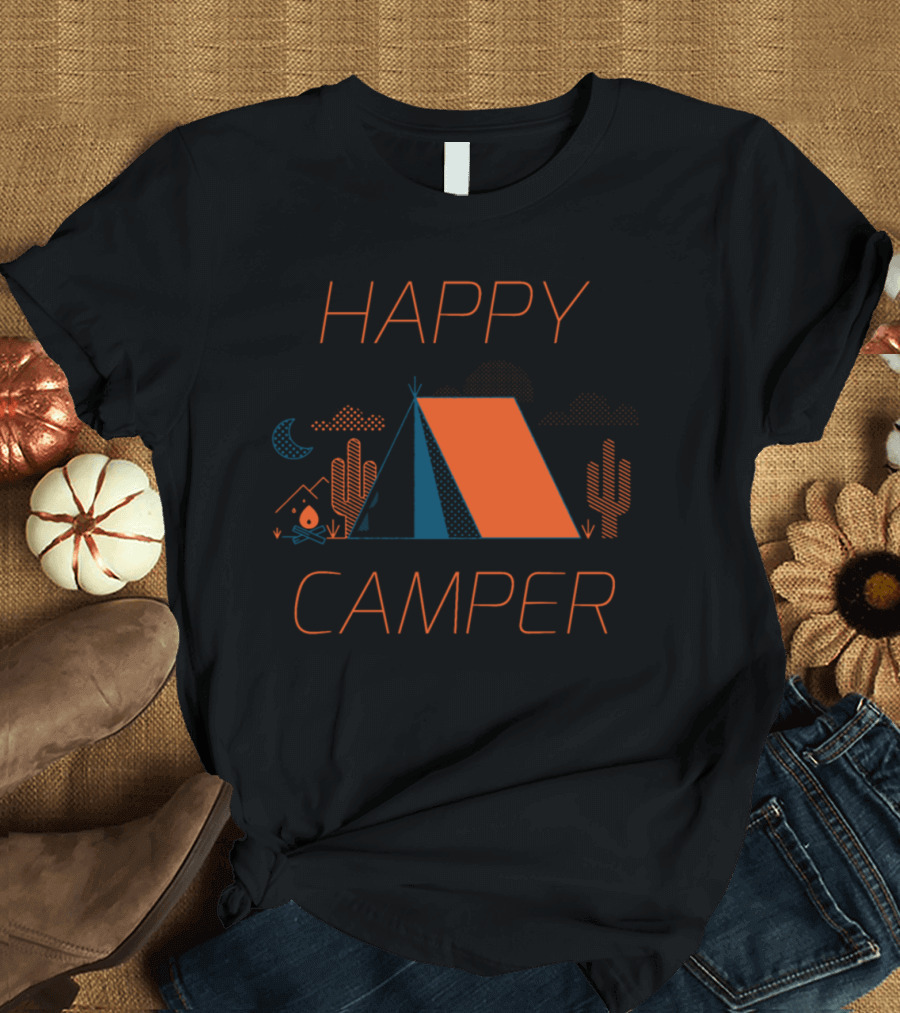 Happy Camper Tent Under Night Sky with Cacti and Campfire T-Shirt