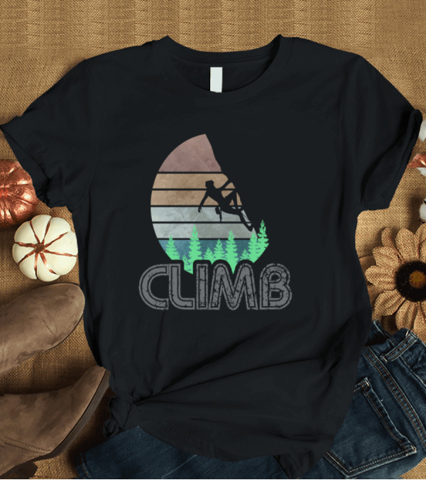 T-Shirt: Climb Mountain Outdoor Cliff Adventure with Vintage Silhouette and Forest Scene T-Shirt Climb Mountain Outdoor Cliff Adventure with Vintage Silhouette and Forest Scene T-Shirt