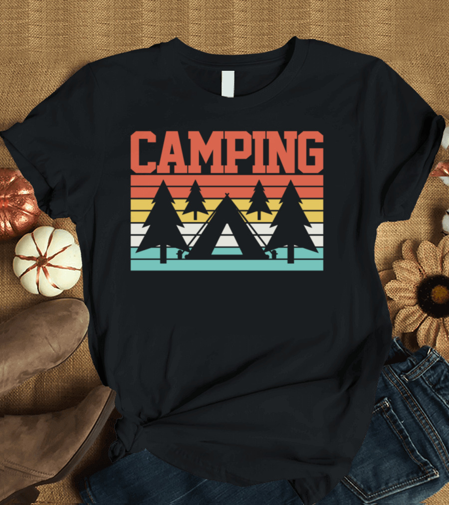 Camping Retro Mountain Trees Tent Sunset Stripes T-Shirt