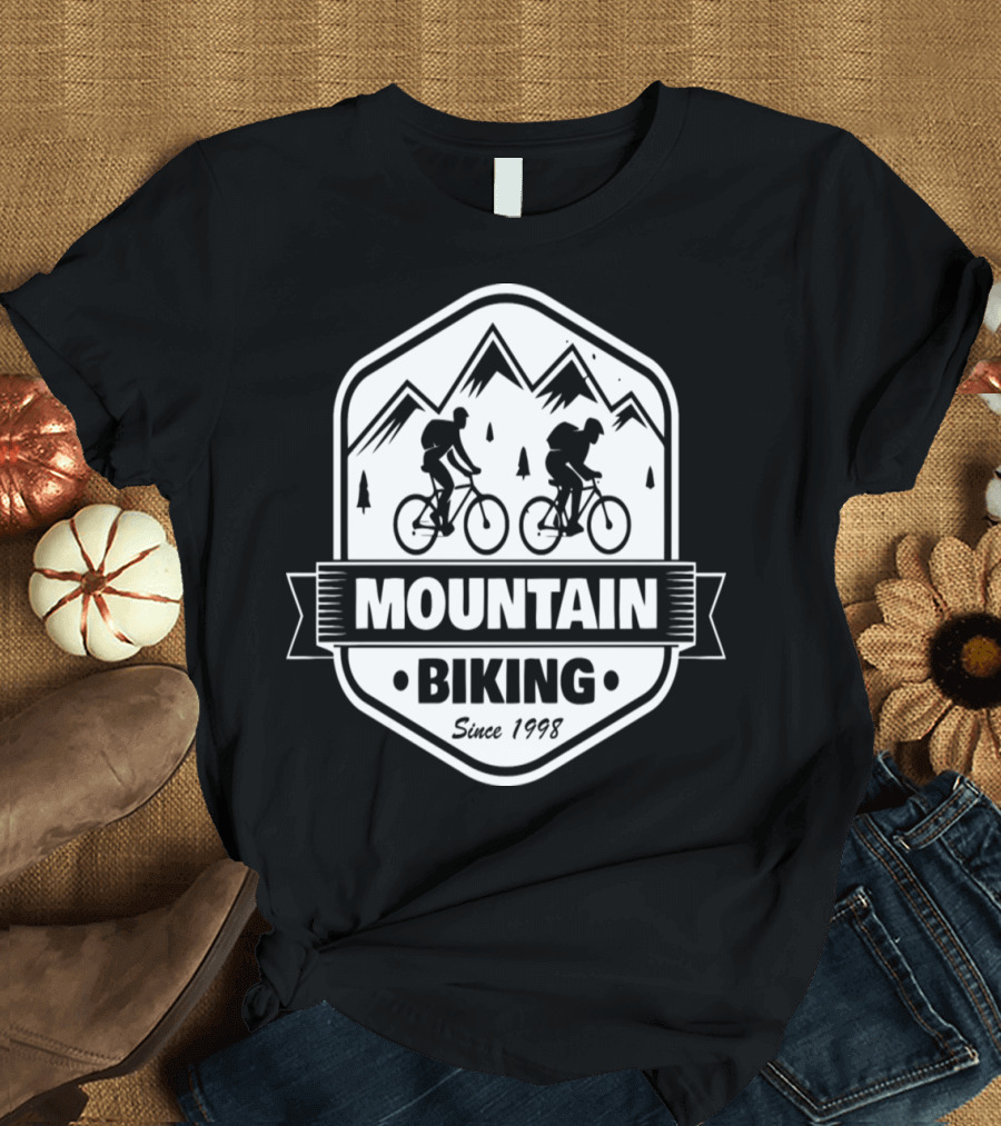 Mountain Biking Since 1998 Scenic Adventure Badge with Cyclists and Peaks T-Shirt