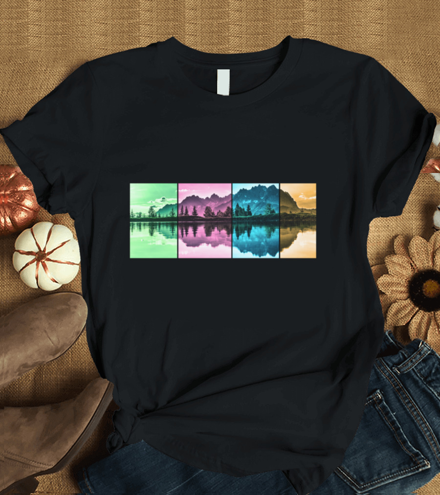 Mountain Nature Forest Scenic Reflection in Colorful Panels T-Shirt