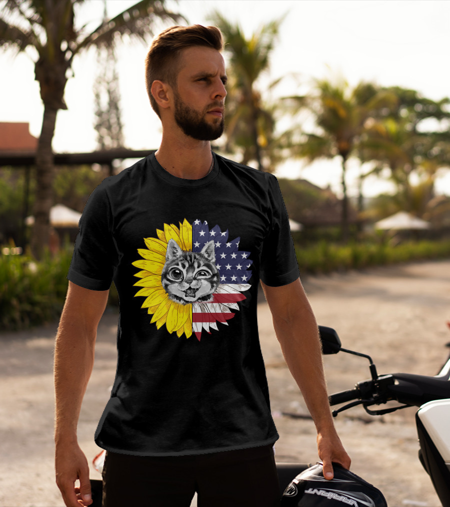 CAT LOVERS Sunflower American Flag Winking Cat T-Shirt