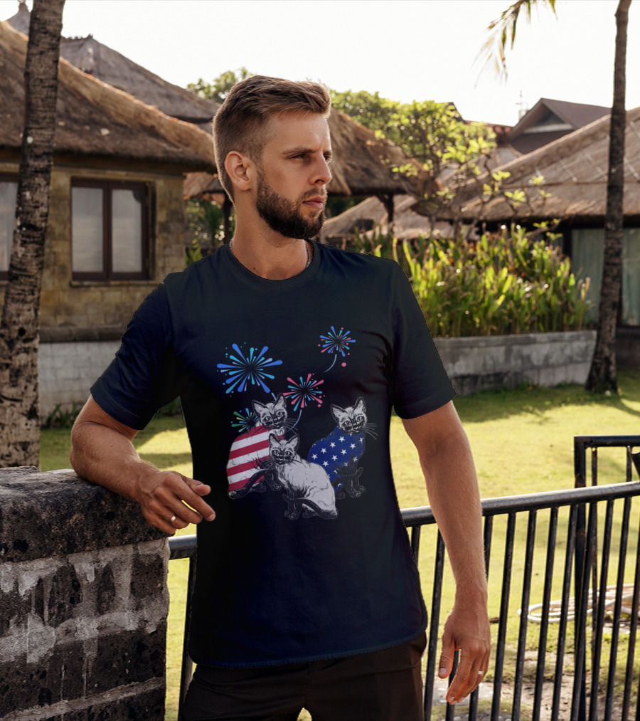 SiameseJuly Cats With Fireworks And American Flag T-Shirt