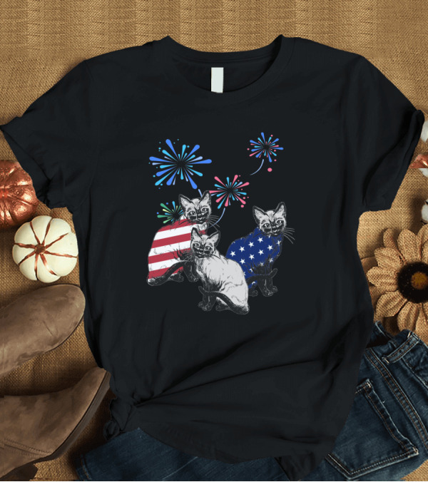 T-Shirt: SiameseJuly Cats with Fireworks and American Flag T-Shirt SiameseJuly Cats with Fireworks and American Flag T-Shirt