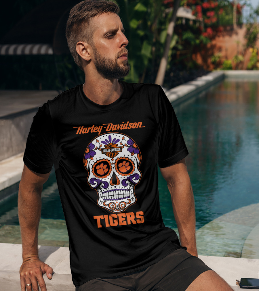 Harley Davidson Motor Cycles Clemson Tigers Skull T-Shirt