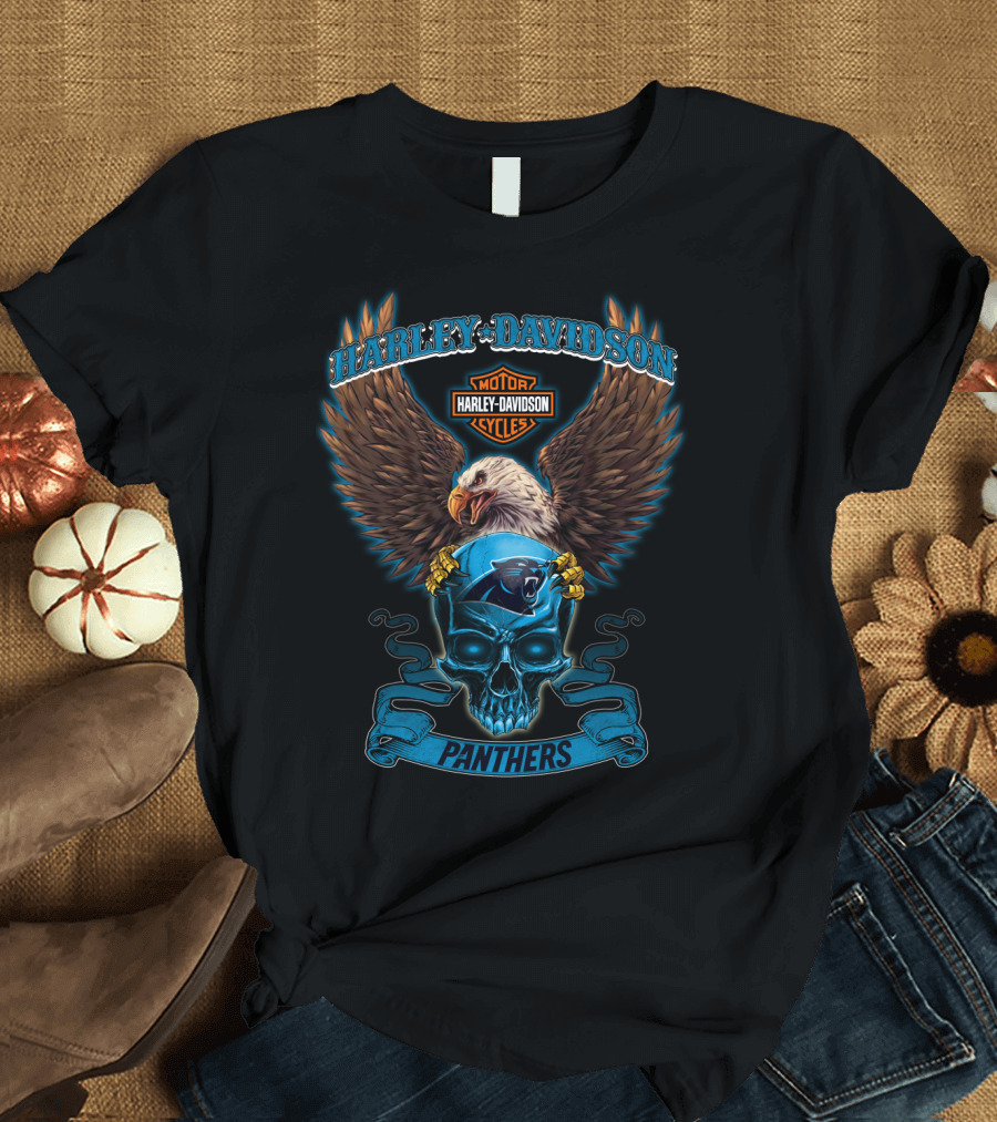 Harley Davidson Motor Cycles Eagle Carolina Panthers Skull T-Shirt