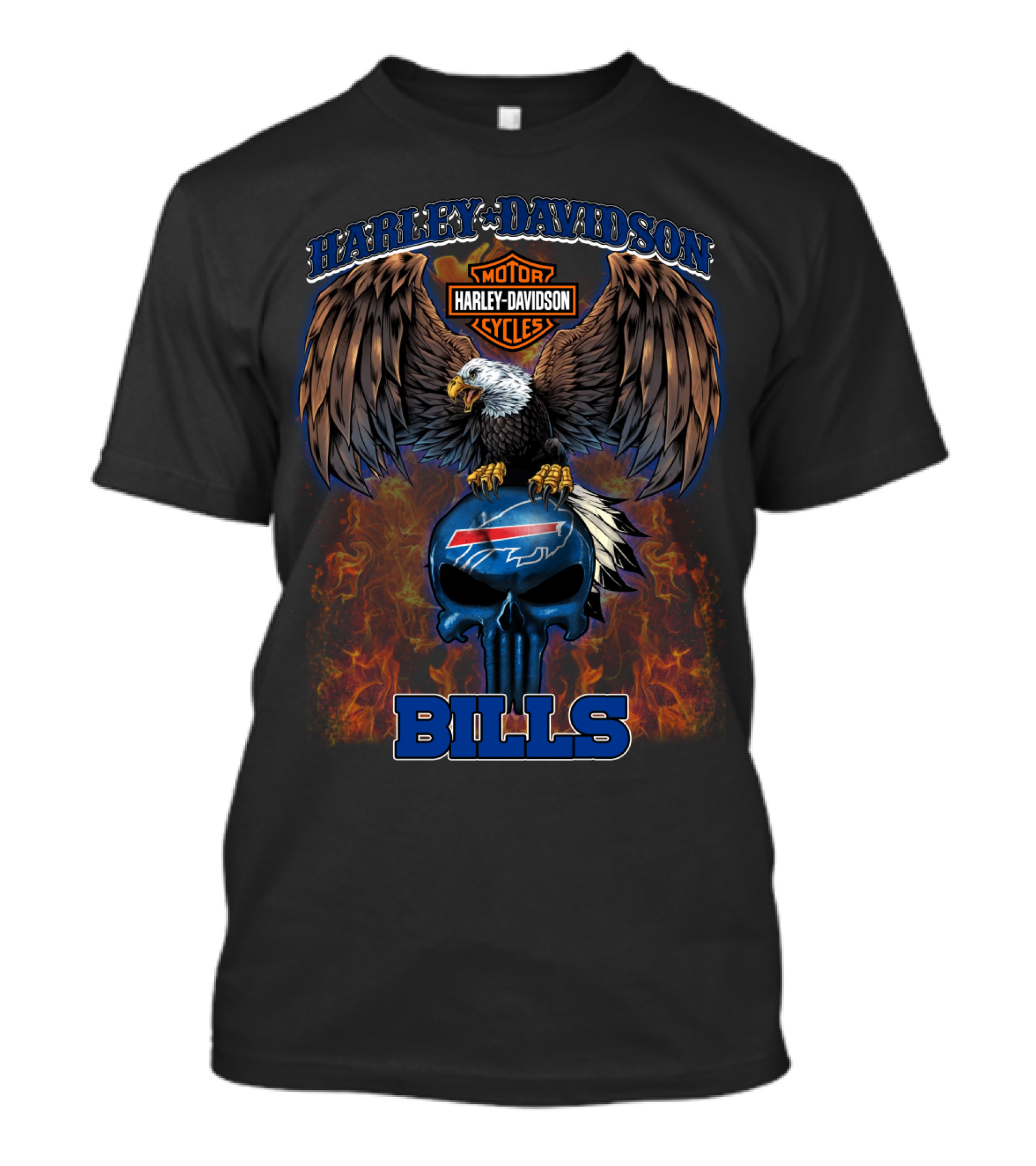 Harley Davidson Motor Cycles Buffalo Bills Eagle Skull Flames T-Shirt