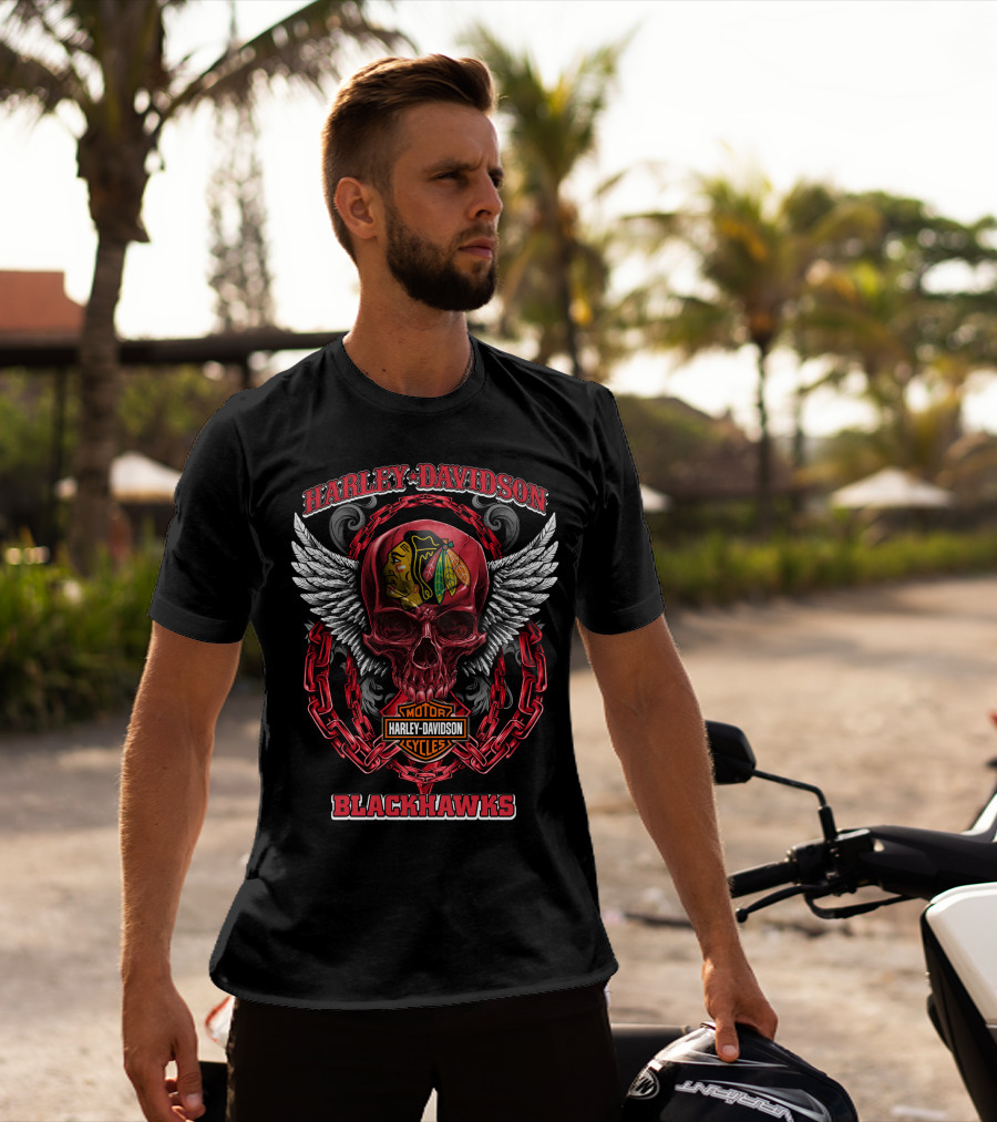 Harley Davidson Blackhawks Nhl Motorcycles Skull Wings Chain T-Shirt