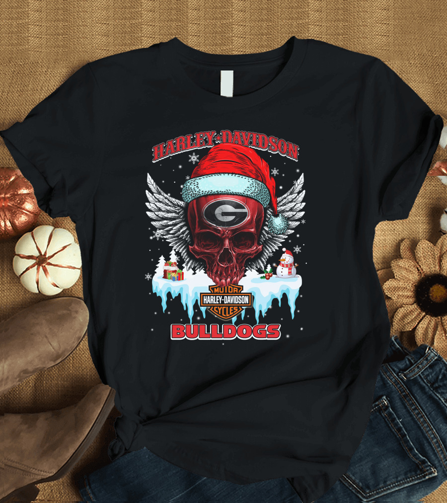 Harley Davidson Georgia Bulldogs Christmas Skull With Santa Hat T-Shirt