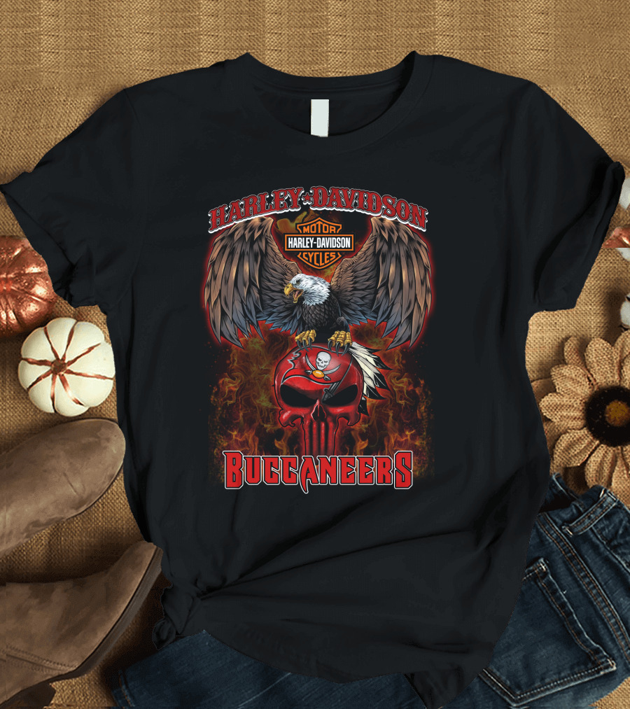 Harley Davidson Motor Cycles Eagle Skull Buccaneers Nfl T-Shirt
