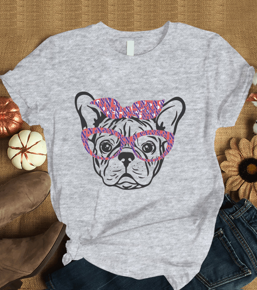 Bulldog with Northwestern Wildcats Pattern Glasses and Bow T-Shirt