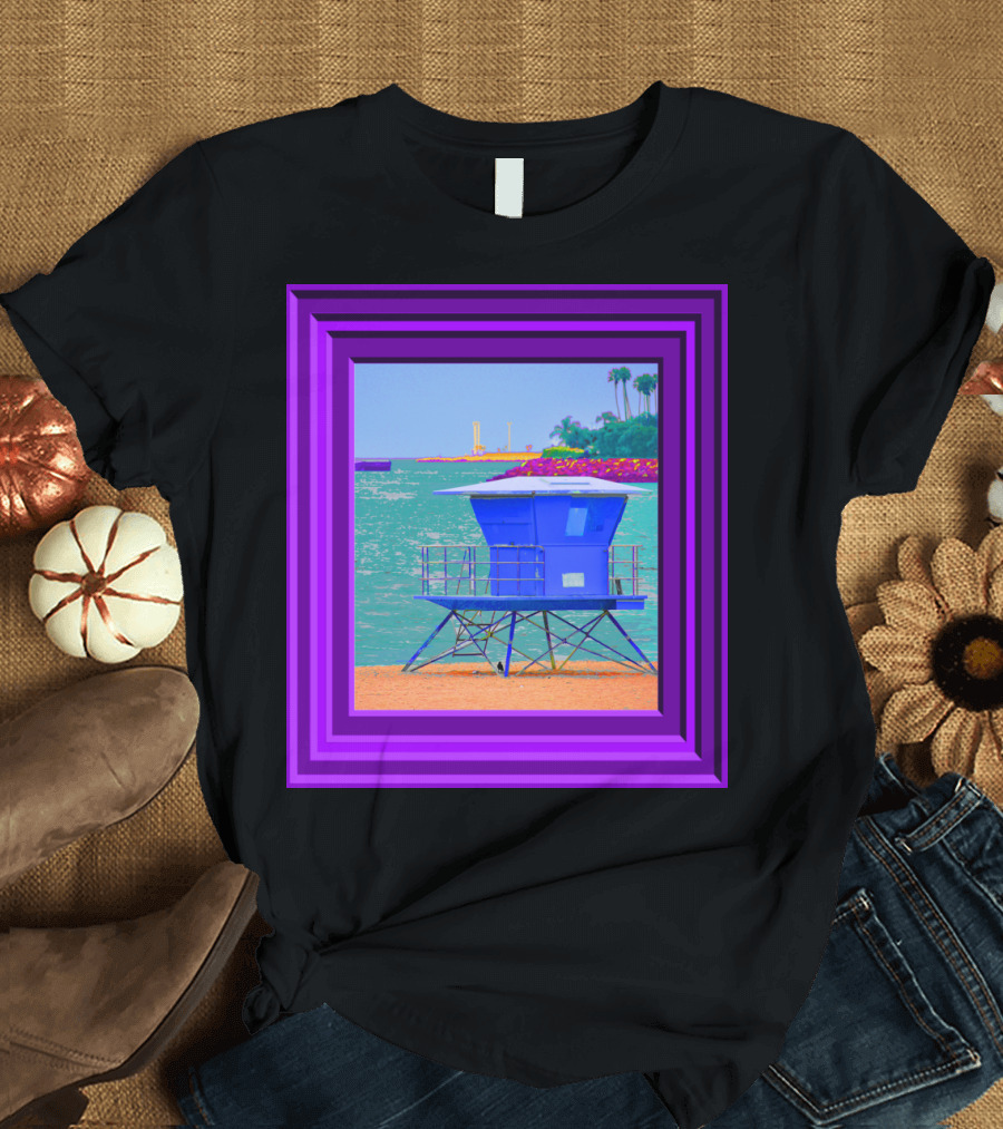 Long Beach Lifeguard Tower Purple Frame Ocean Scene T-Shirt