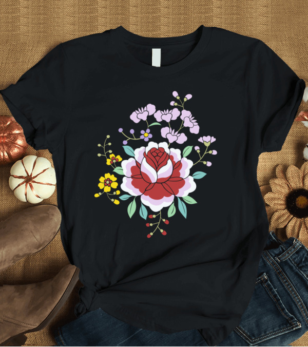 T-Shirt: Colorful Floral Bouquet with Embellished Spanish Shawl Rose Blooms T-Shirt Colorful Floral Bouquet with Embellished Spanish Shawl Rose Blooms T-Shirt