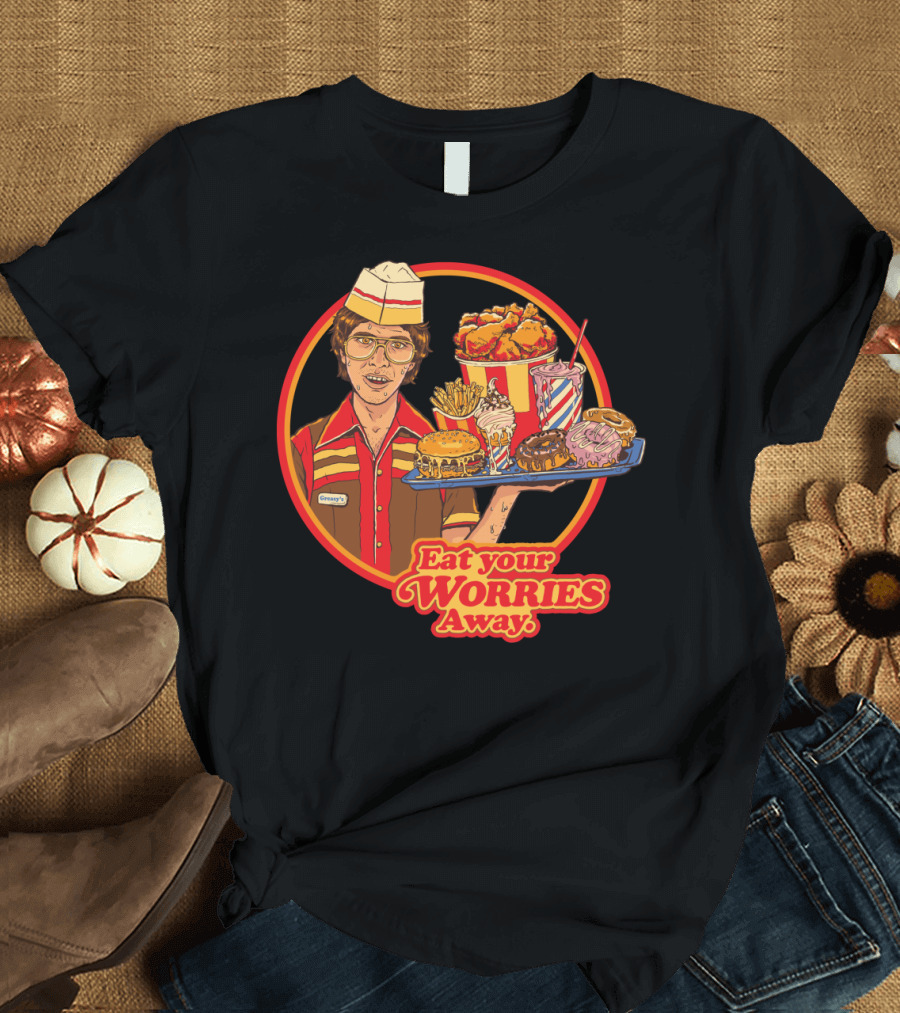 Eat Your Worries Away Retro Fast Food Tray with Burgers, Donuts, and Milkshakes T-Shirt