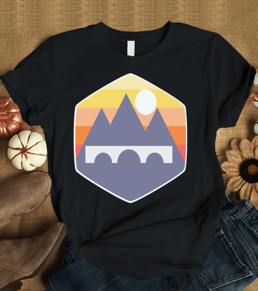 Mountain World Sunset Landscape with Bridge and Sunburst T-Shirt