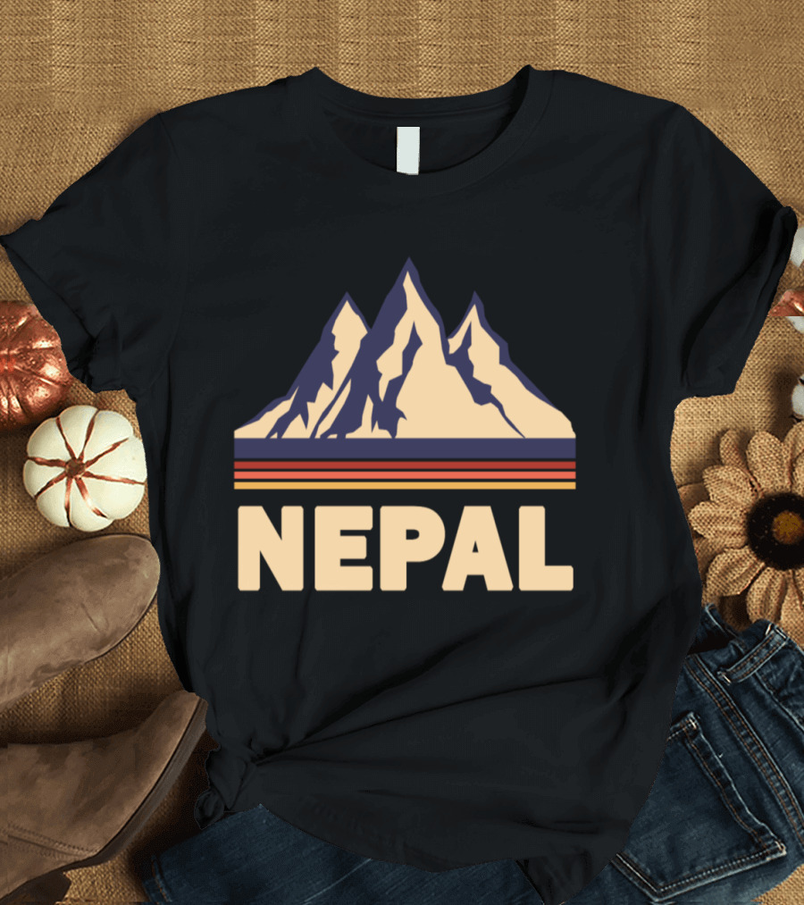 Nepal Mountains Graphic with Retro Stripes T-Shirt