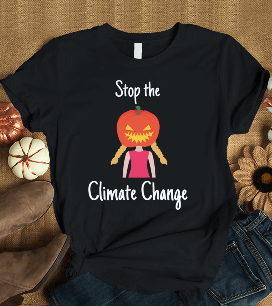 Stop the Climate Change Pumpkin with Pigtails T-Shirt
