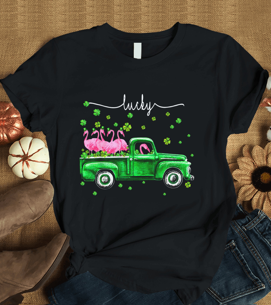 Lucky Flamingo Green Truck with Shamrocks T-Shirt