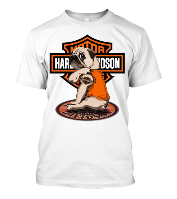 Harley Davidson Motor Pug With Orange Vest And Logo On Patch T-Shirt
