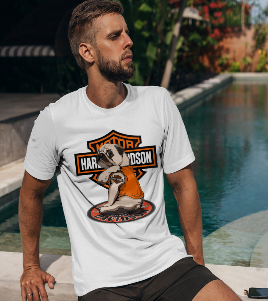 Harley Davidson Motor Pug With Orange Vest And Logo On Patch T-Shirt