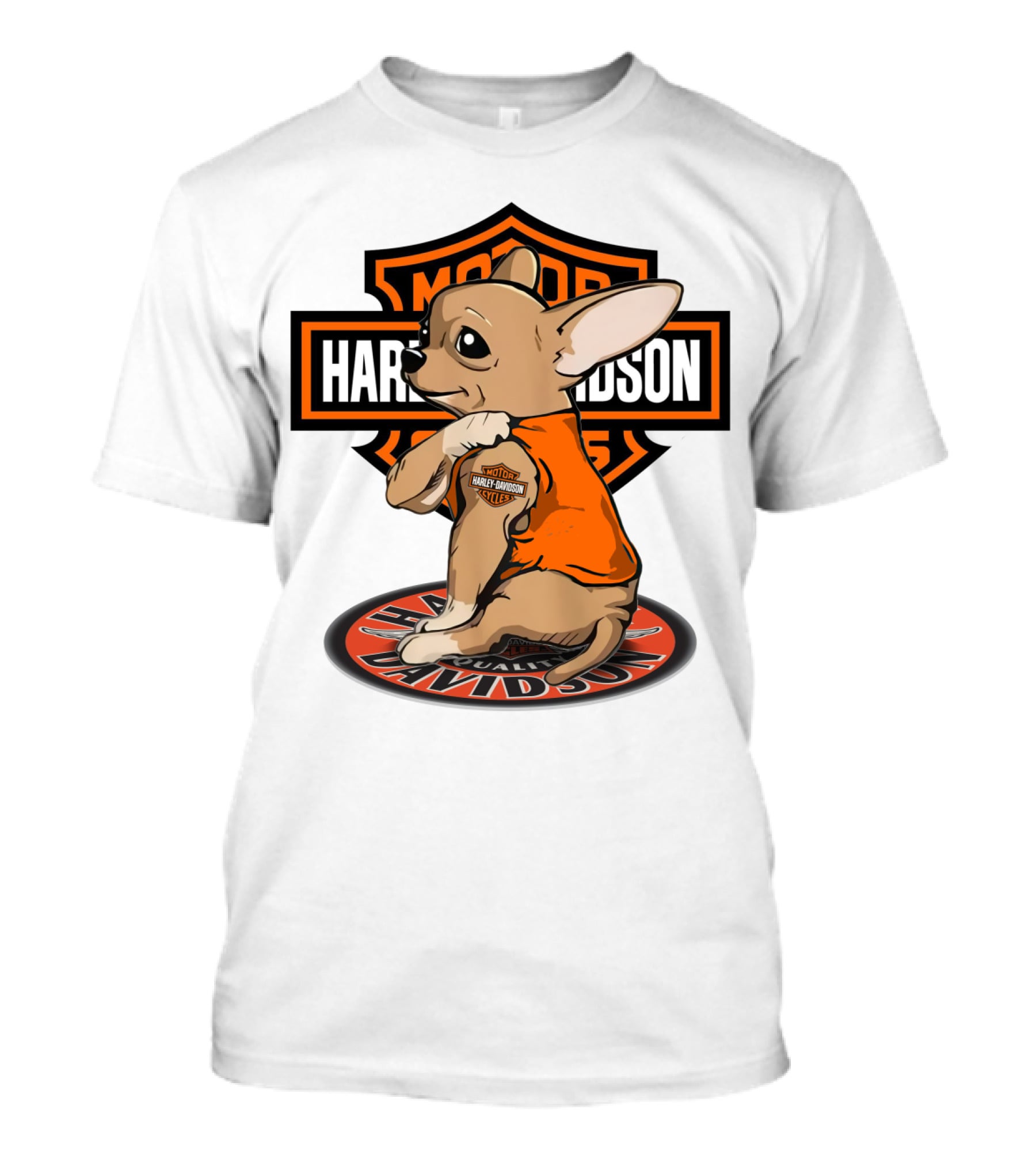Harley Davidson Chihuahua With Orange Jacket And Motor T-Shirt