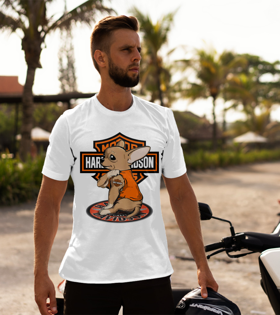 Harley Davidson Chihuahua With Orange Jacket And Motor T-Shirt