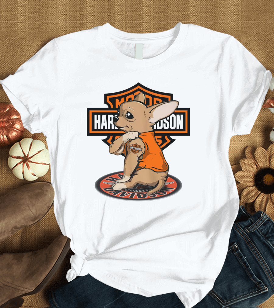 Harley Davidson Chihuahua With Orange Jacket And Motor T-Shirt