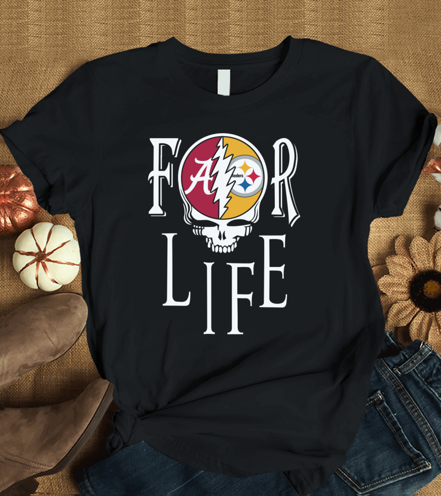 For Life Alabama Crimson Tide Steelers Grateful Dead Skull T-Shirt
