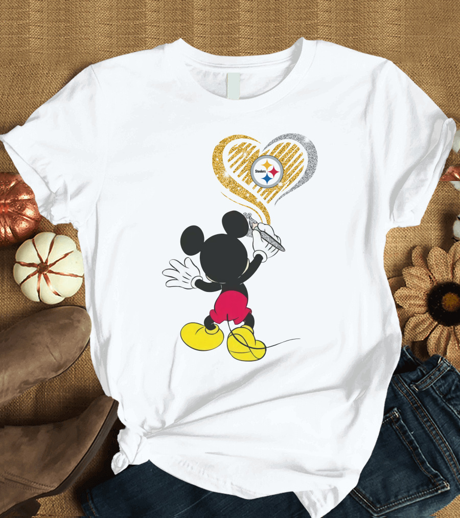 Mickey Mouse Drawing Heart With Pittsburgh Steelers T-Shirt
