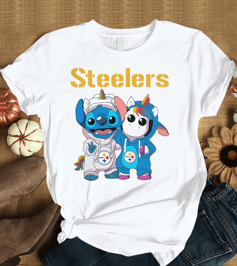 Steelers Stitch and Unicorn Duo with Rainbow Horns T-Shirt