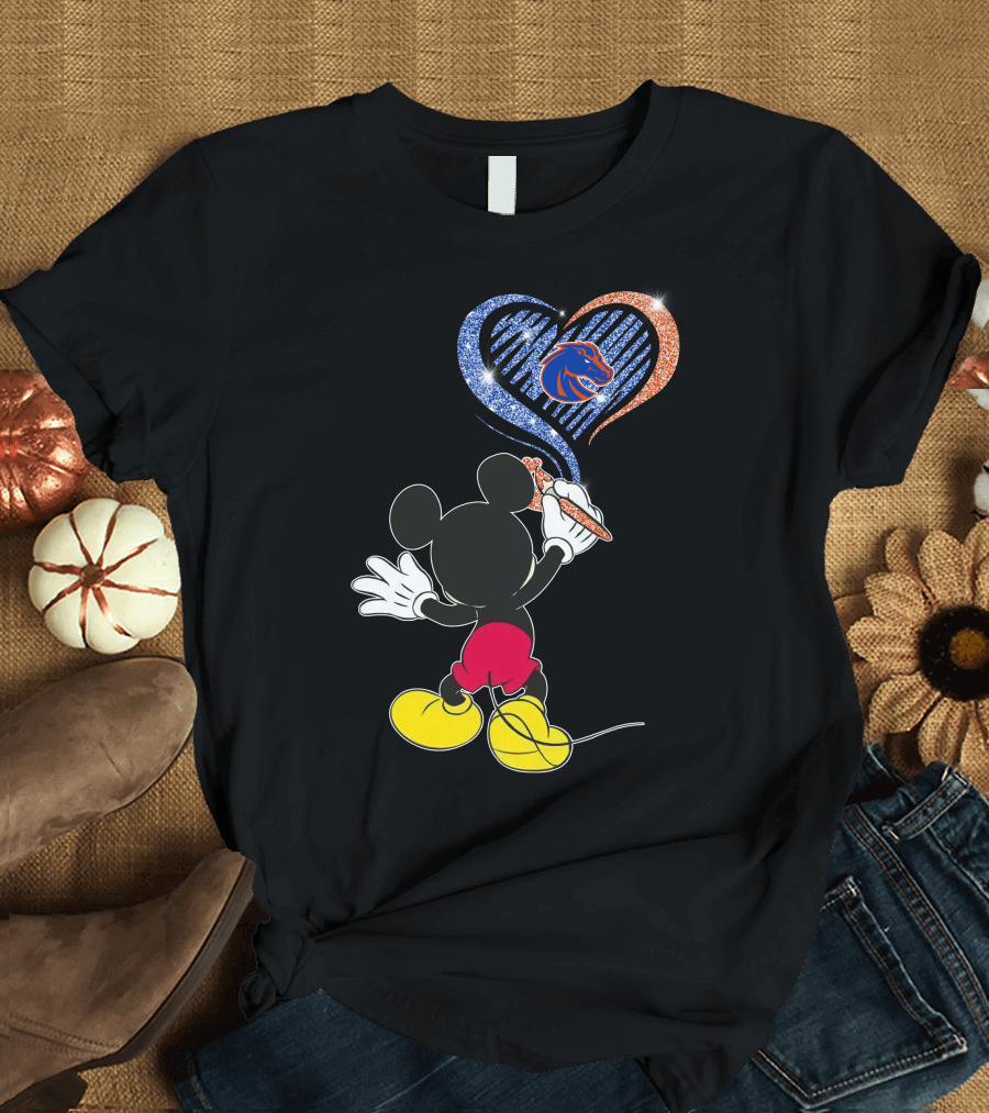 Mickey Painting Blue and Orange Heart Boise State Broncos T-Shirt